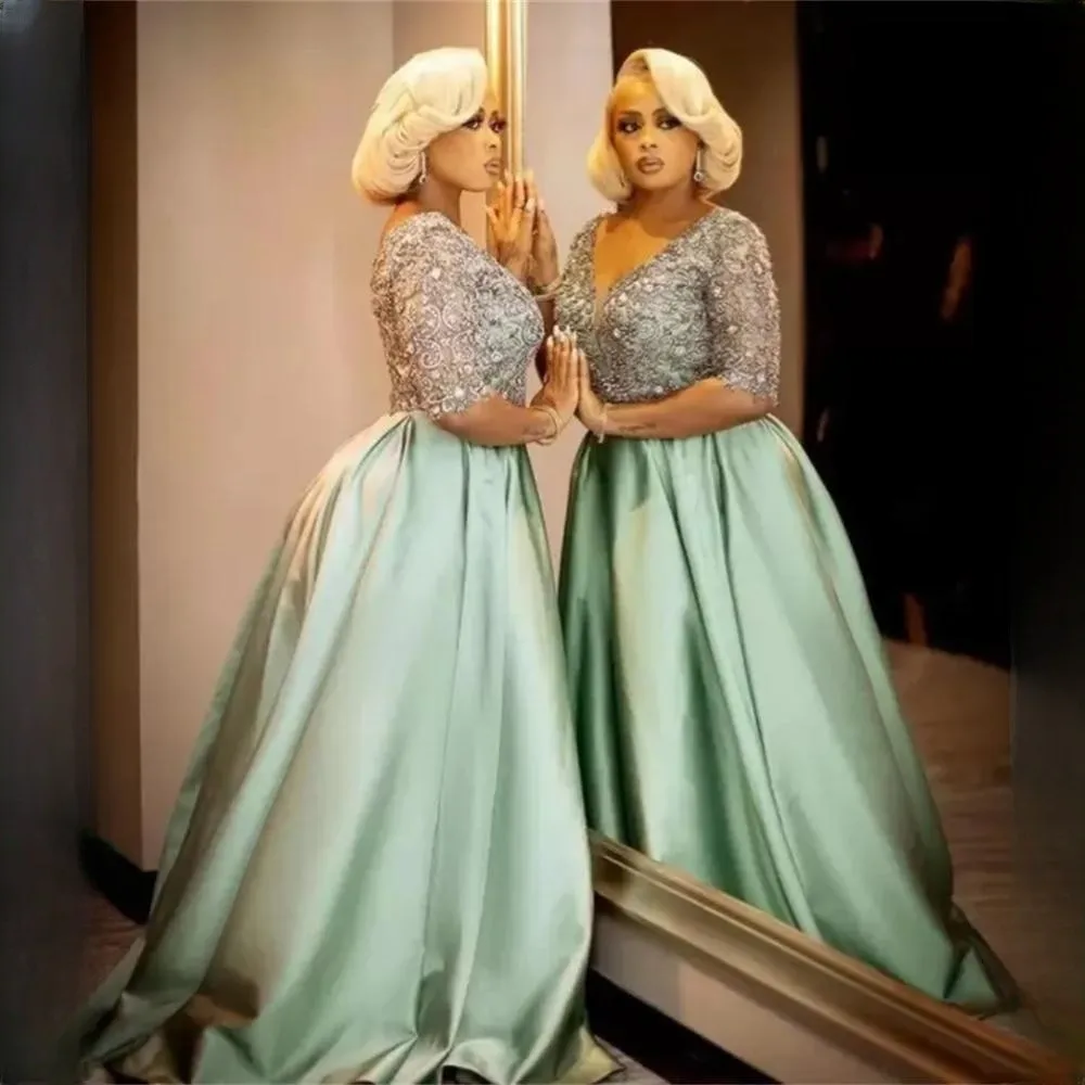 

Luxury Satin Beaded Two Piece Prom Dresses 3/4 Sleeve Arabian Women Wedding Ceremony Birthday Party Dresses Formal Occasion