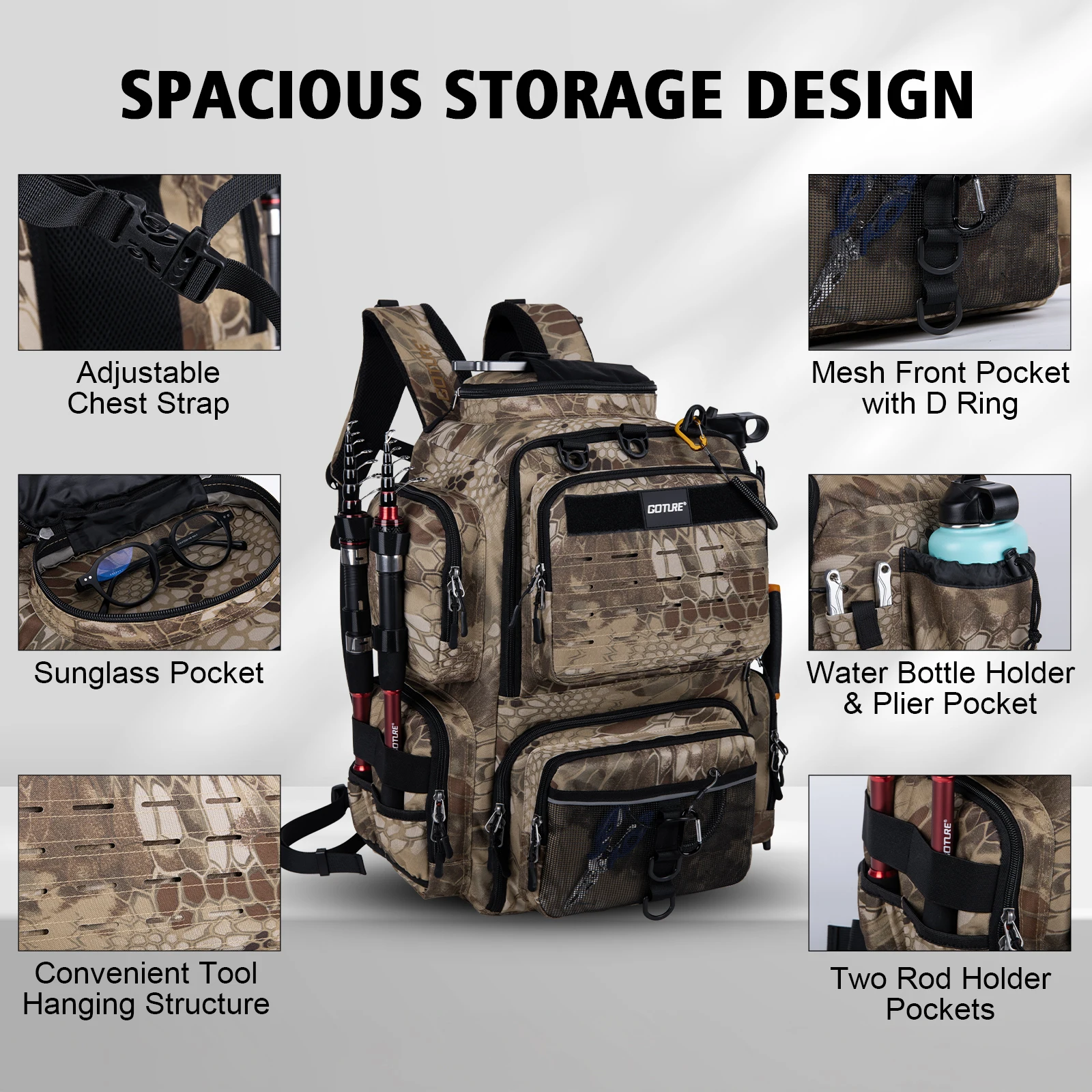 

Goture 45L Lure Fishing Tackle Backpack 900D Oxford Water Resistant Bag Dual Rod Holders Removable Lure Pockets Rain Cover
