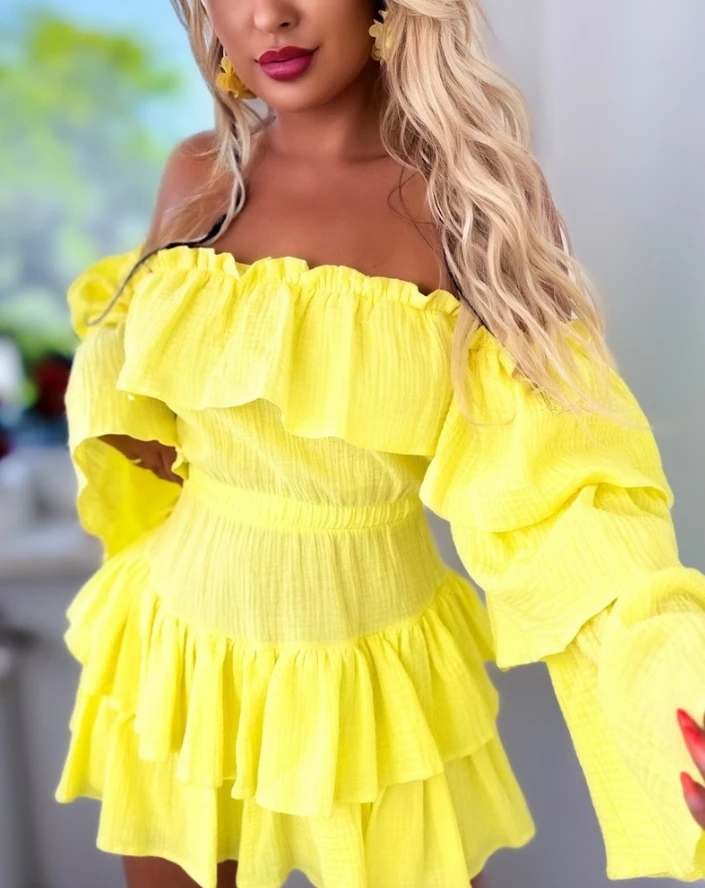 

Jumpsuit Women 2024 Summer Fashion Off Shoulder Plain Casual Long Sleeve Frill Hem Ruffles Layered Above Knee Romper