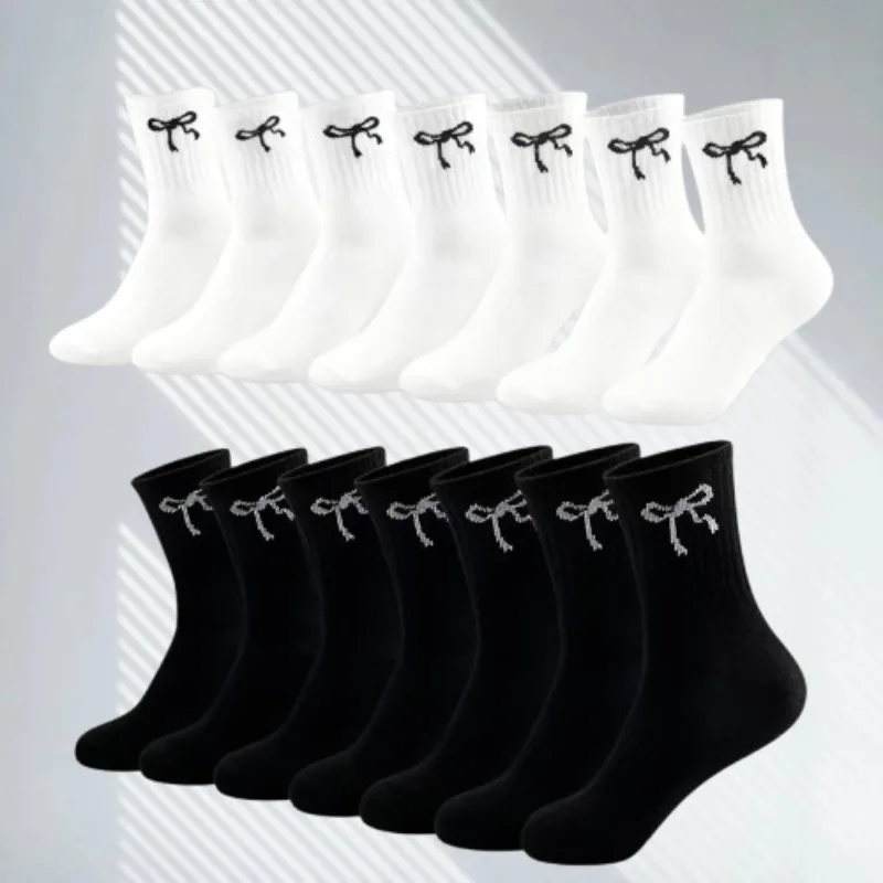 3 pairs of black and white women's breathable bow round neck mid tube socks in spring and summer, elegant bow pattern design