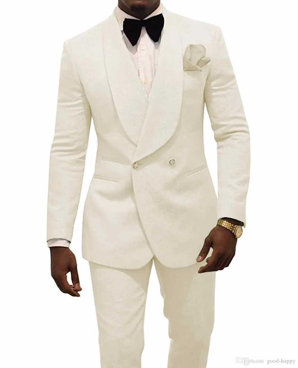 

Custom Made Double Breasted Groomsmen Ivory Pattern Groom Tuxedos Shawl Lapel Men Suits 2 Pieces Wedding Best Man (Jacket+Pants)