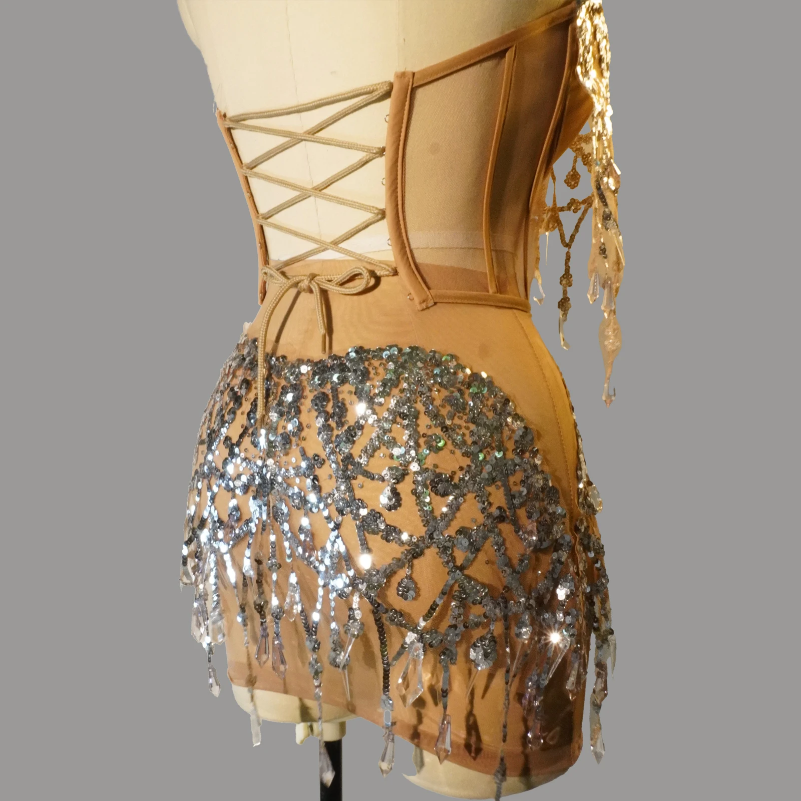 Платье для выпускного вечера из двух частей, костюмы драговой королевы ​ Платье с блестками и блестками для танцев, сексуальная сетка, прозрачная вечеринка, клуб, певица, сцена, празднование