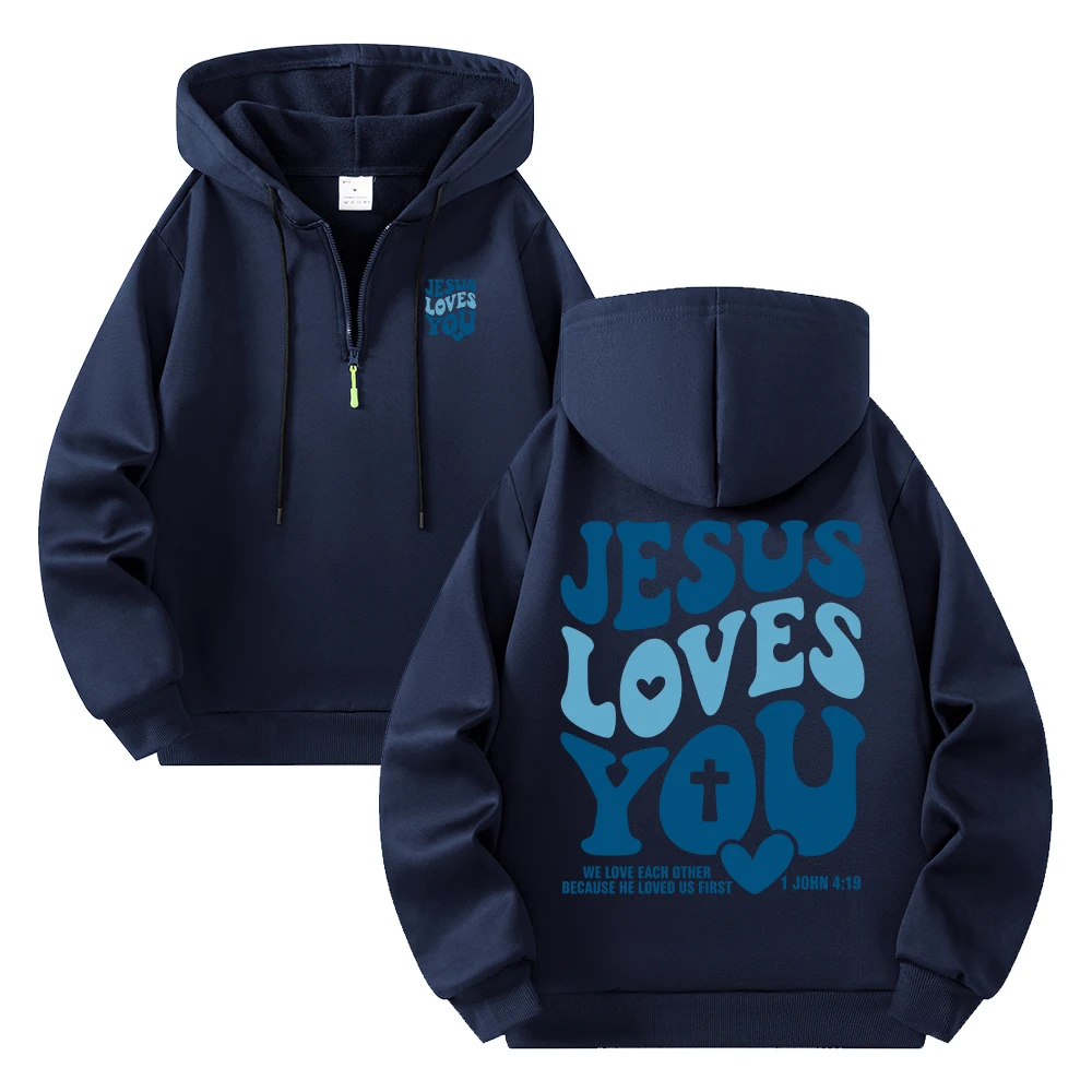 Men’s Jesus Loves You Cartoon Print Half Zip Hoodies Warm Autumn Pullover Sweatshirt For Everyday Street Style And Commute