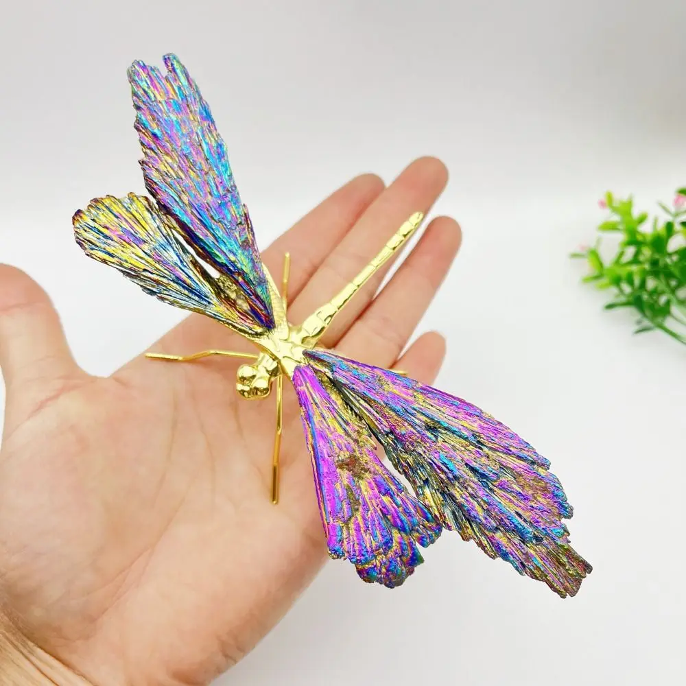 

Handmade Natural Tourmaline Dragonfly Ornaments Paperweight Electroplate Dragonfly Statue Carving 3D Dragonfly Shape