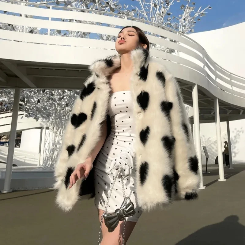 Sweet Love Faux Fox Fur Coats Women Winter Thick Loose Fluffy Artificial Fur Coat Y2K Fashion Streetwear All Match Fur Outerwear