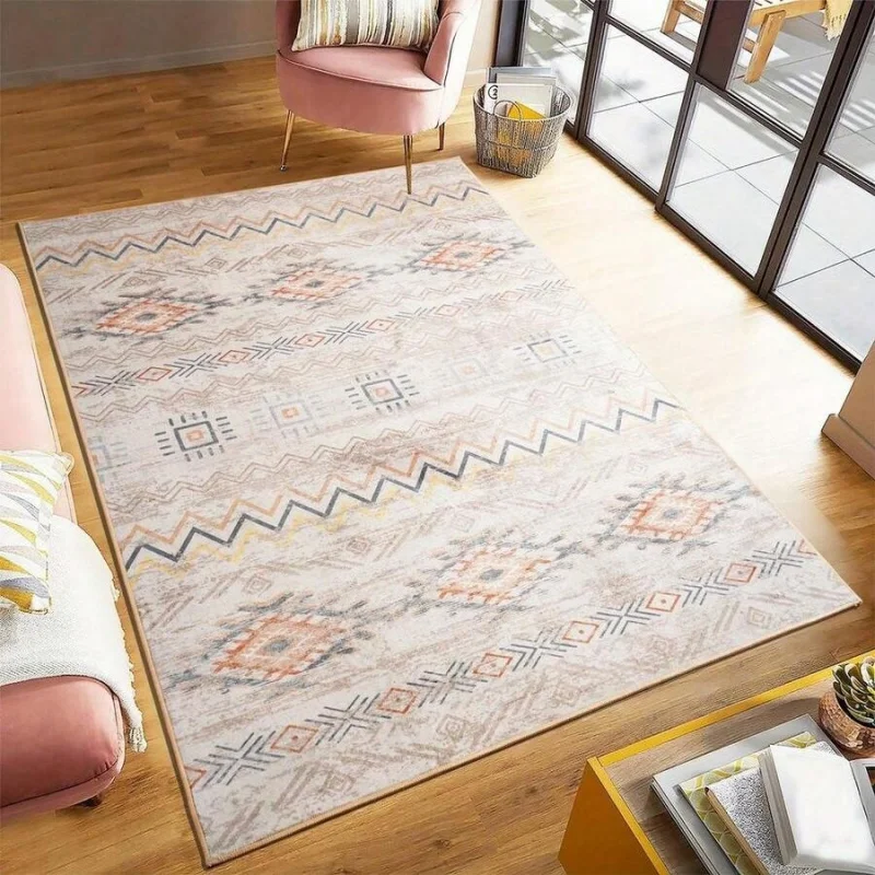 Machine Washable Bohemian  Area Mat - Vintage Retro Geometric Print With TPR Non-Slip Backing