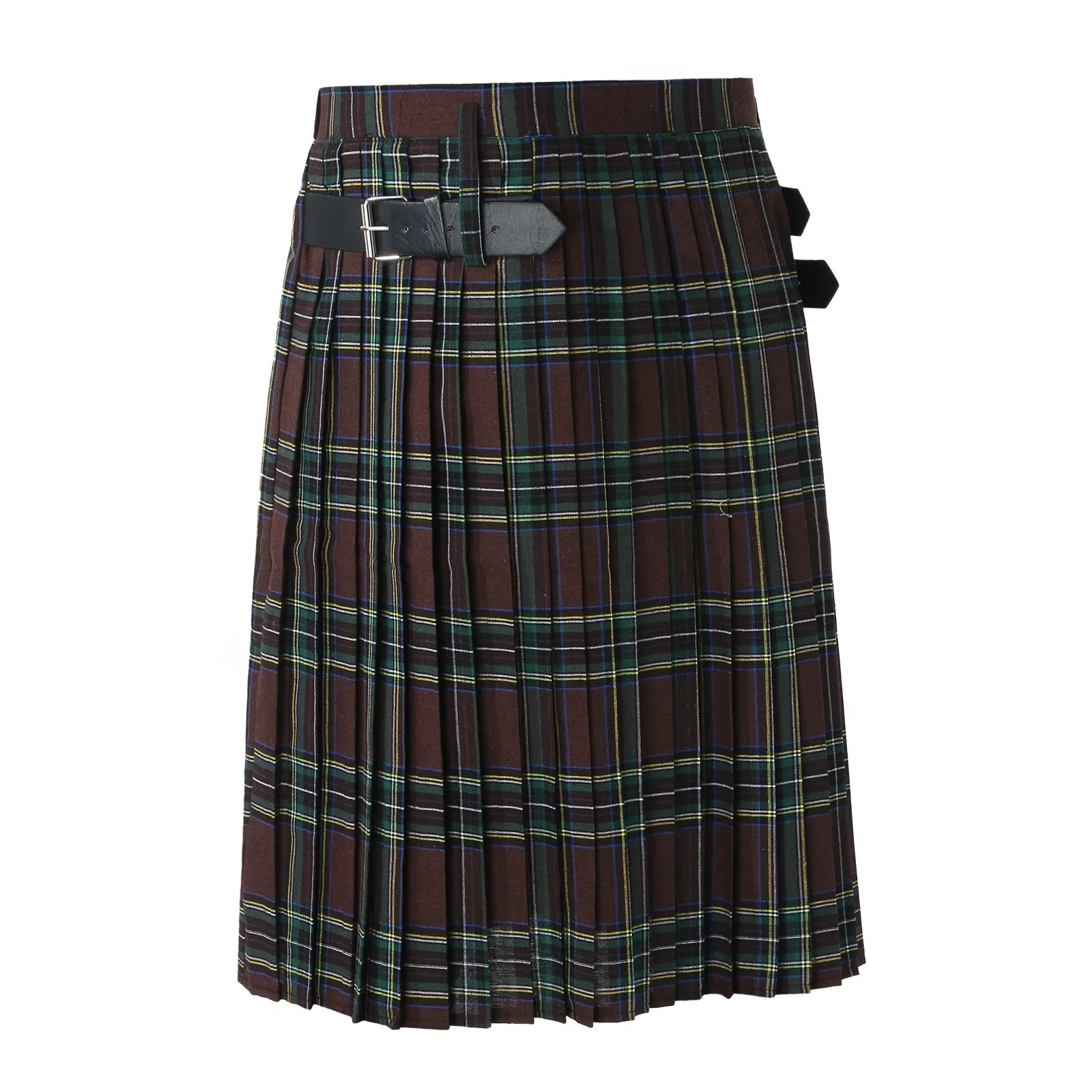 Retro Men Plaid Scottish Kilt Fashion Contrast Color Waistband Pleated Skirt Pleated Utility Bilateral Belt Streetwear Skirt