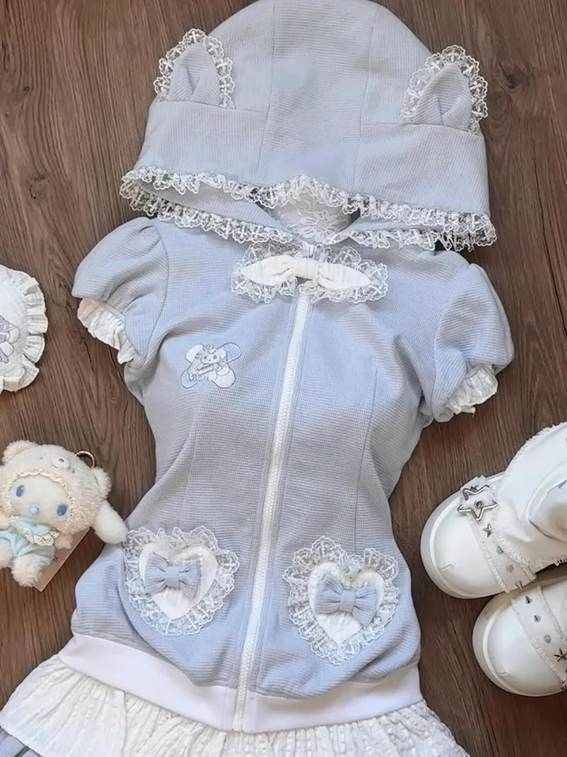 Летняя кавайная куртка-кардиган с цветными блоками, сладкая и пряная милая куртка с капюшоном для девочек, топ + многослойная юбка-тортик с высокой талией, комплект из 2 предметов Y2k