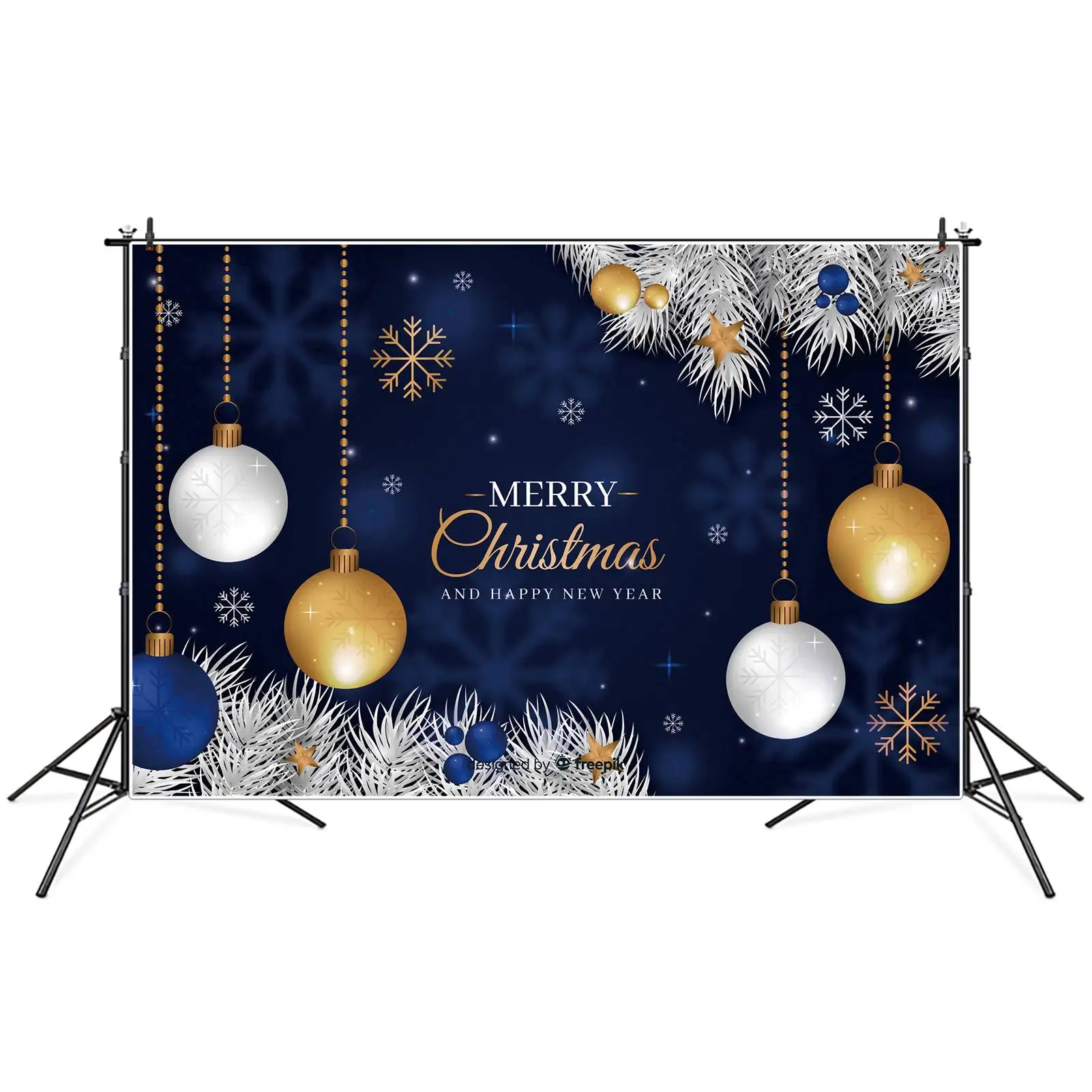 MOON.QG-cartel de Feliz Navidad, telón de fondo azul, cartel de pino plateado, bolas de copo de nieve, decoración de fiesta, accesorios para fotomatón