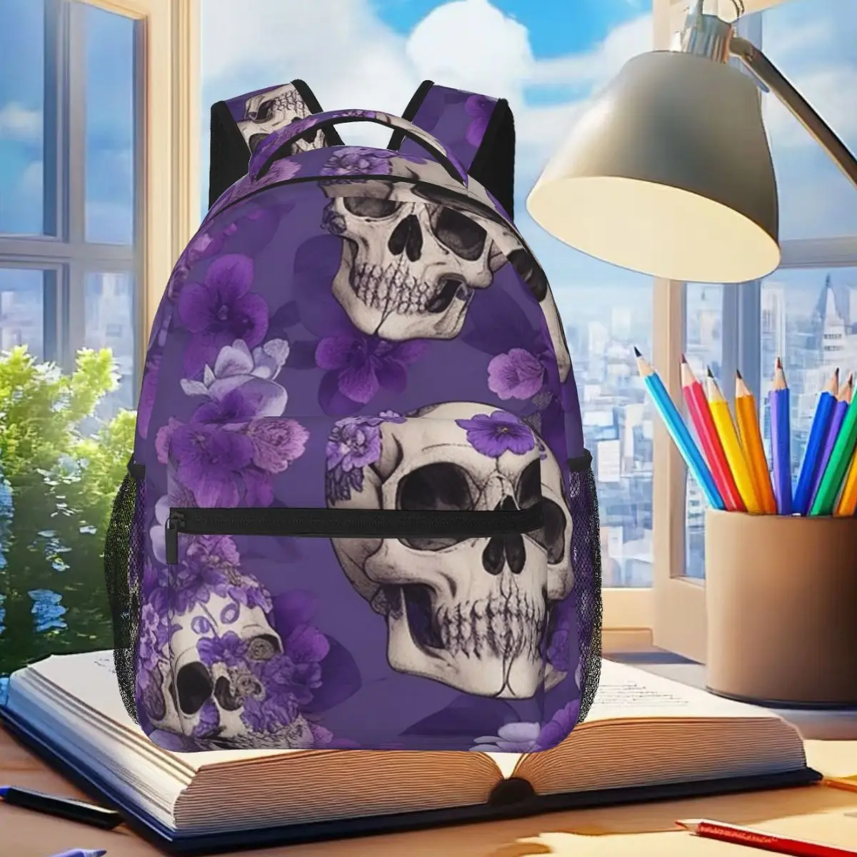 

Gothic Violet Flower Skull Pattern Backpack Student Boys Girls BookBag Children School Bag Laptop Shoulder Bags for Men Women
