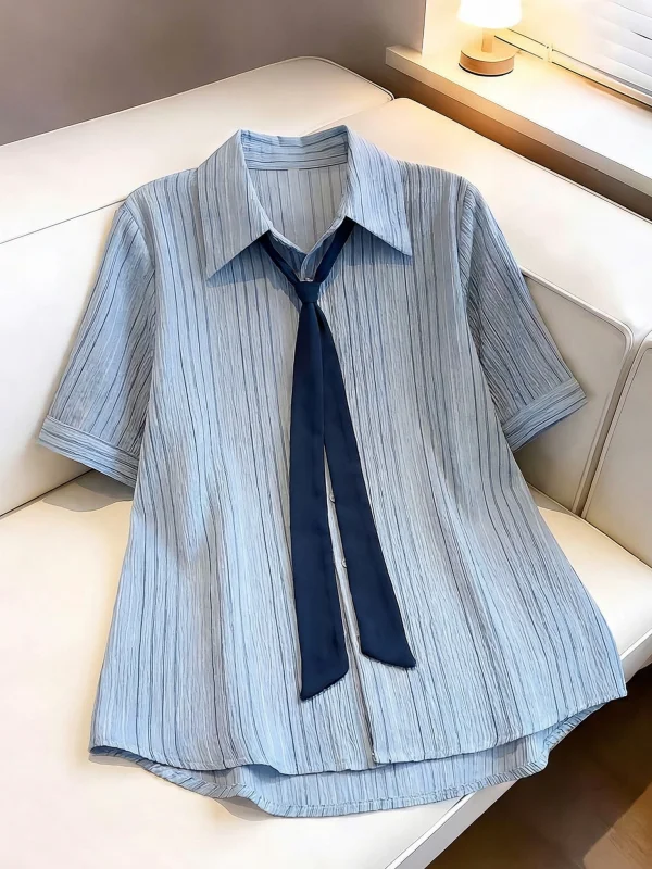 

Light Blue Striped Short Sleeve Shirt Women's Mid-Length Loose Fit Korean Style Commute Fashion plus Size Spring Summer New