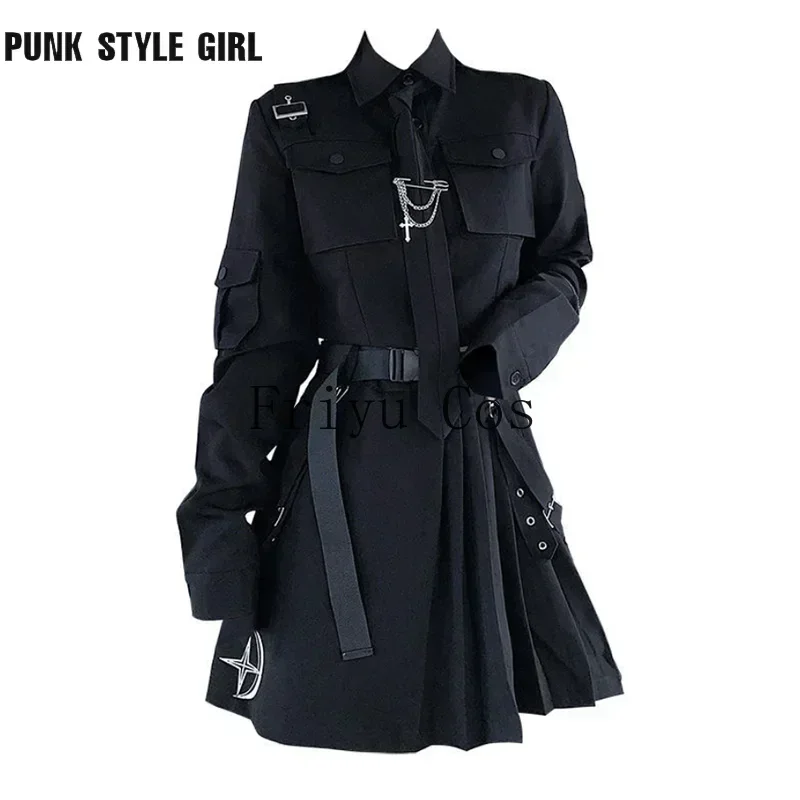 

Gothic Black Punk Emo Two-Piece Skirt Spring Y2K Alt Clothes Kpop JK Uniform Punk Chain Ribbon Skirts Women 2 Piece Suit Female
