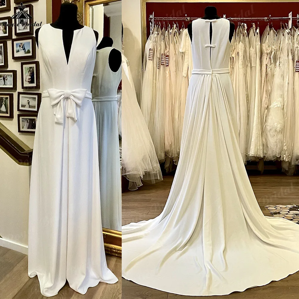 Zomer Zacht Satijn Mouwloze Bruidsjurken met Strik 2025, Vestidos Novias Bruidsjurk voor Vrouwen Sweep Trein Elegant Customzied