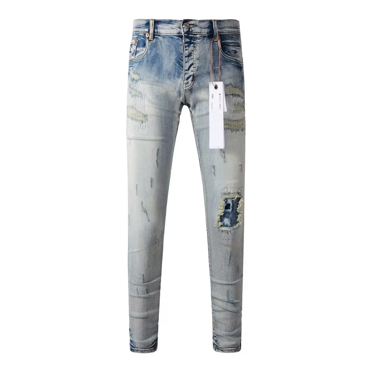 trend Purples Jeans men Fashion top quality High Street Blue Patch Repair Low Rise Skinny Denim brand pants