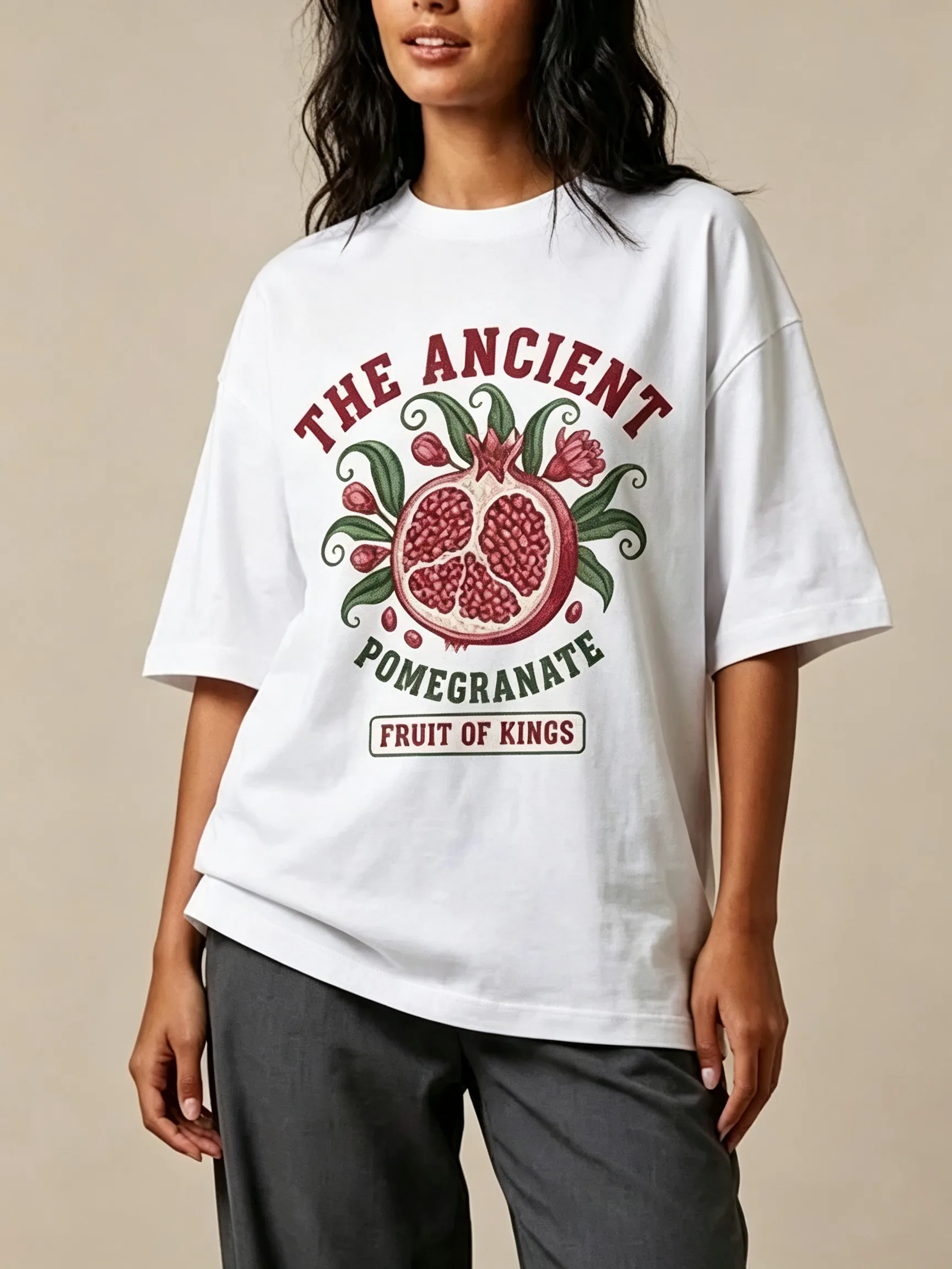 Vintage Ancient Pomegranate Printing Women Summer Oversized T-Shirt Hip Hop Crewneck Clothes Casual Cotton Loose Streetwear