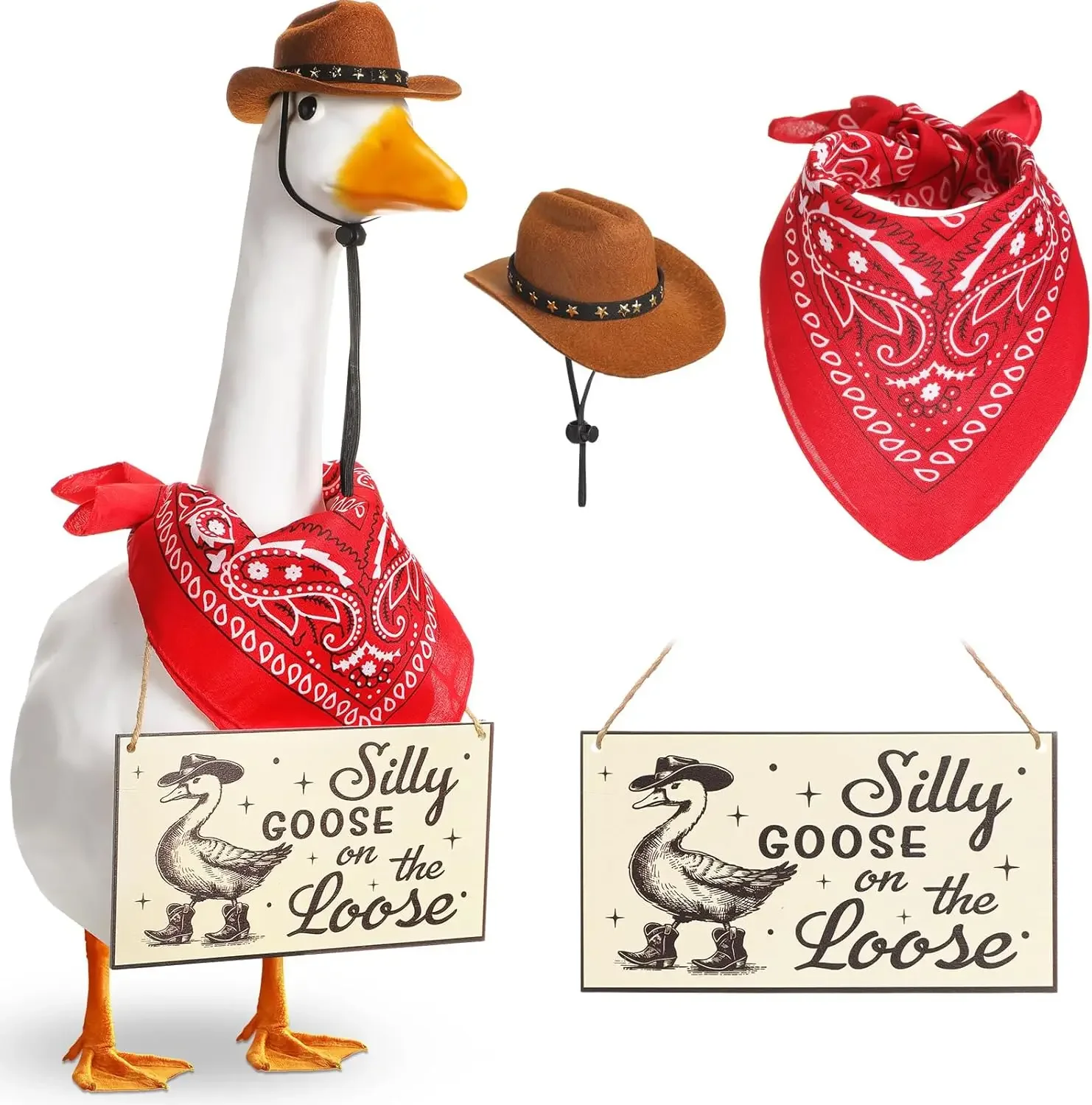 As enforcamentos soltos sinal cowboy ganso roupa com chapéu de cowboy e bandana vermelha para 23 "cimento/plástico ganso estátua ao ar livre pátio