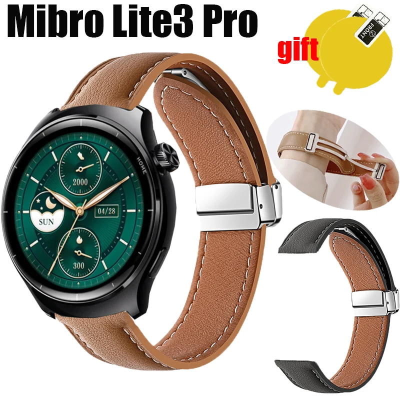 Voor Mibro Lite3 Pro Strap Smart Watch Lederen Echt Opvouwbare Magnetische Gesp Vrouwen Heren Band Screen Protector