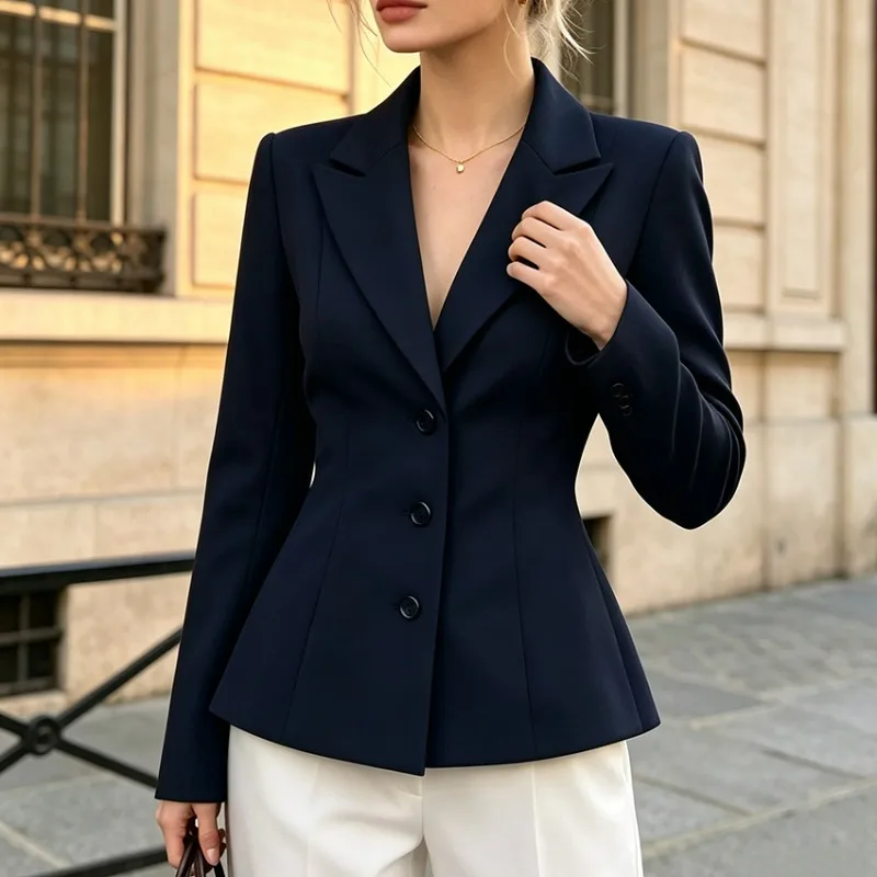 Autumn Navy Blue Short Suit Jacket for Women, Lapel Single-breasted Waist-cinching and Slimming European American Commuter Suit