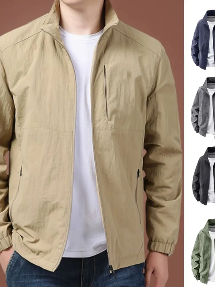 

Loose Fit Stand Collar Jaet Men's Faion Outerwear Pure Color Large Size Outdoor Raincoat Qui Dry Top for Autumn