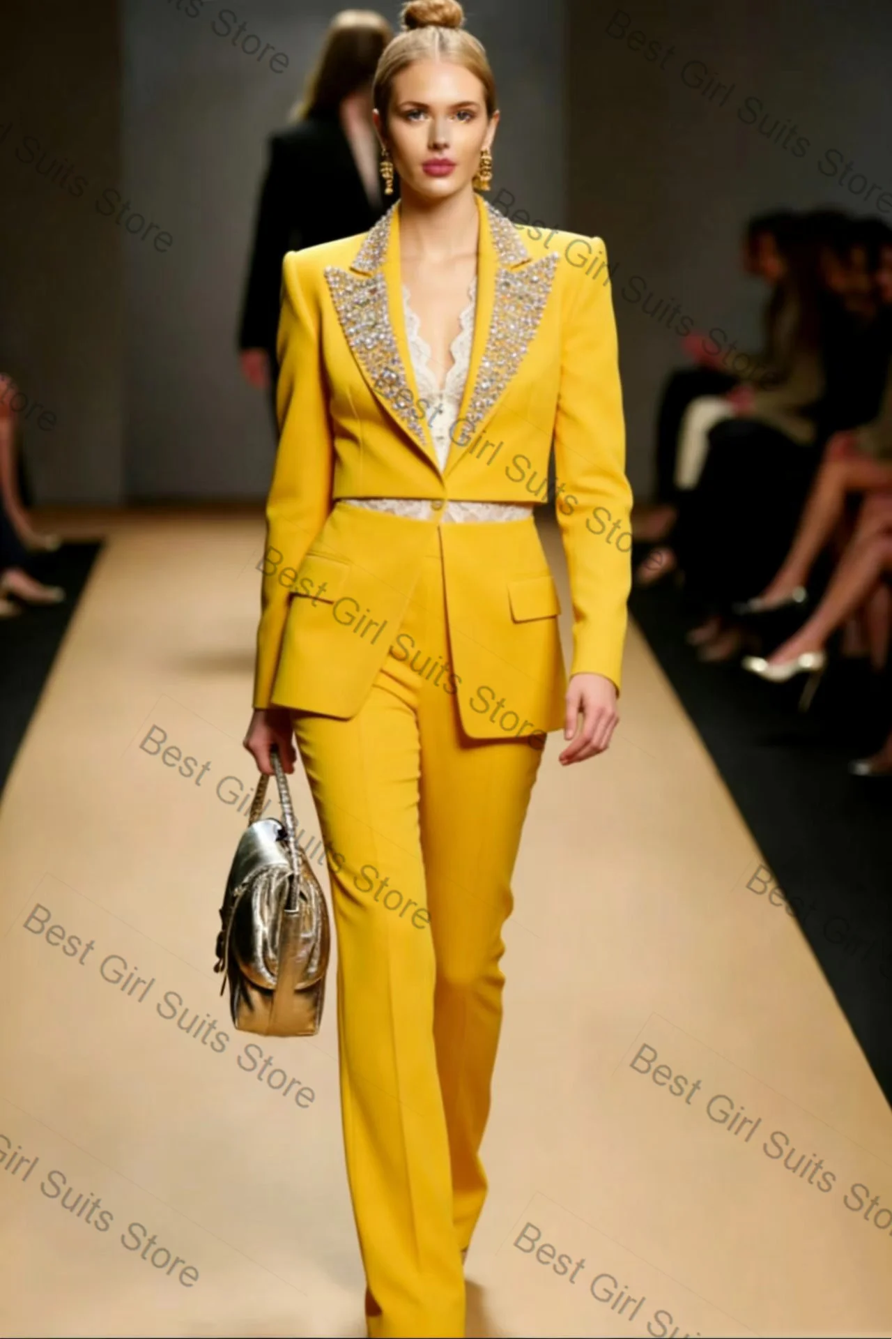 

Yellow Women Suit Pants Set 2 Piece Blazer+Trousers Lace Crystals Cotton Formal Office Lady Jacket Customized Wedding Coat
