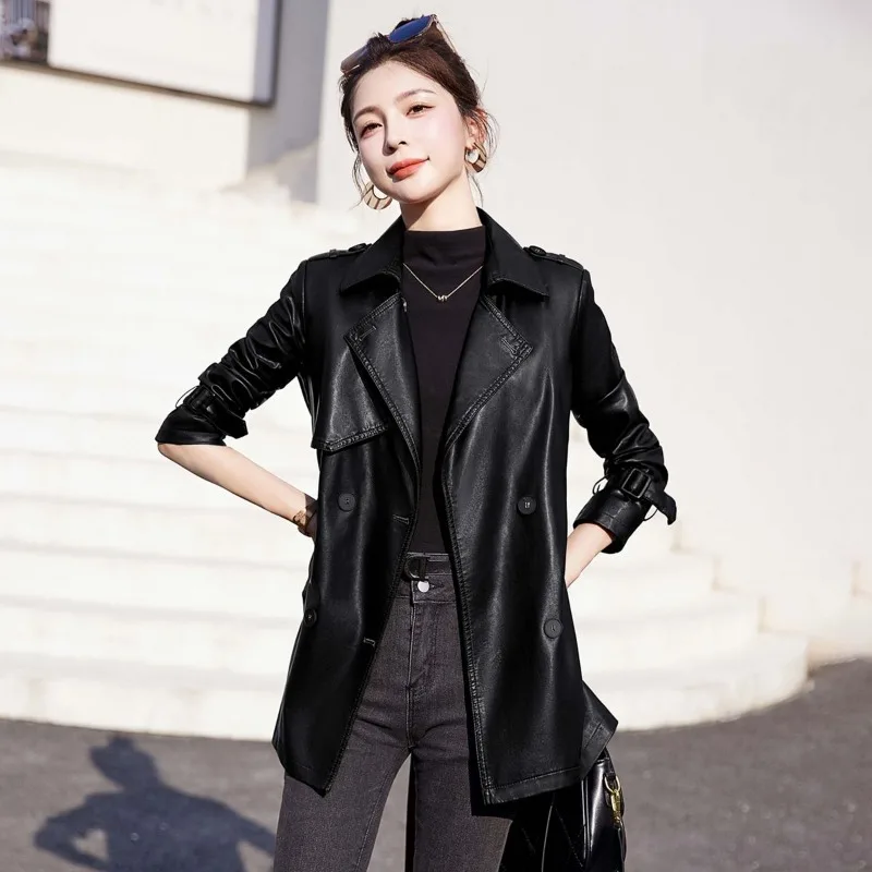 2023 Autumn Winter New Women Temperament Slim-Fit Leather Coat Female Mid-Length Versatile Solid Color Sheepskin Trench Outwear