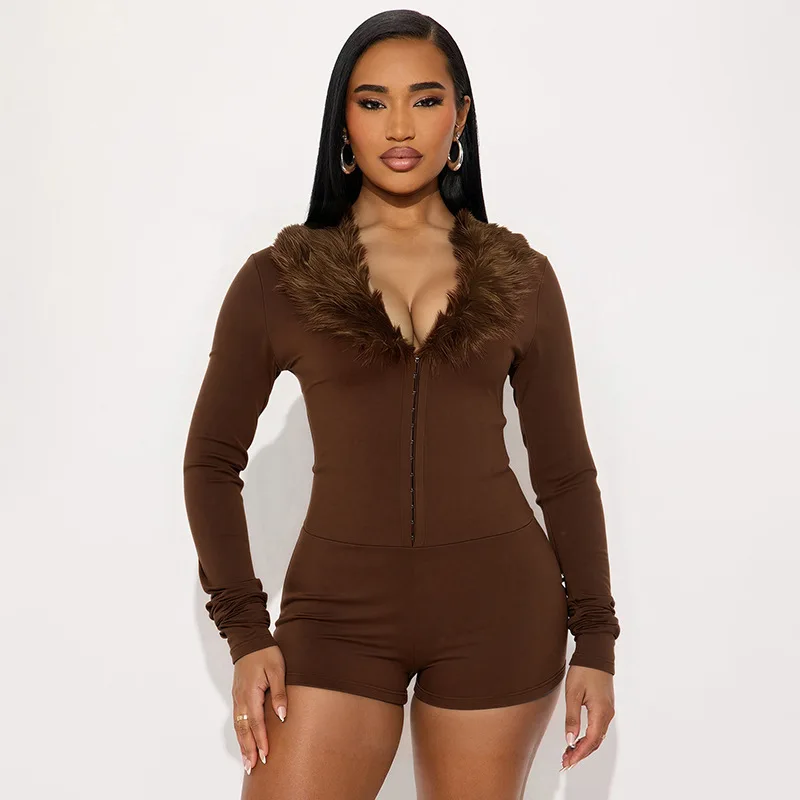 Sexy lange mouwen faux fur trim slim fit zwarte bodysuit chique V-hals wikkelbodysuit herfst casual bodysuit feest club romper