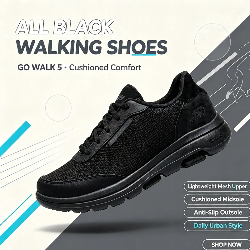 Skechers 216012-BKCC Mens GO WALK 5 Cushioned Trainers Breathable Mesh Anti Slip Daily Walking Sneakers