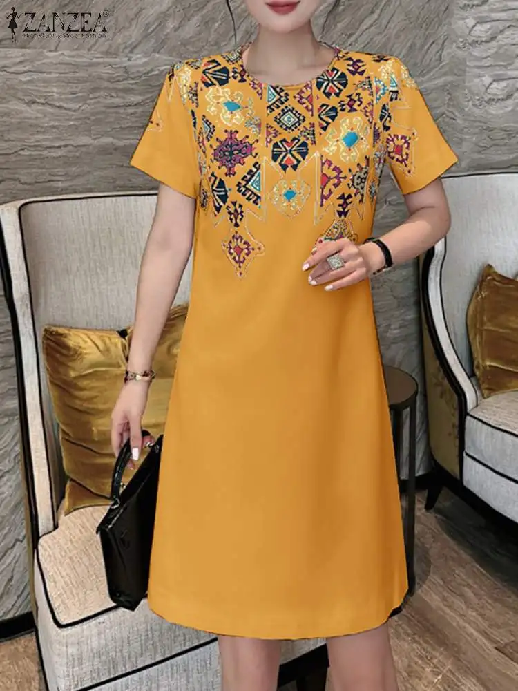 

ZANZEA Fashion O Neck Party Mini Dress Short Sleeve 2024 Summer Elegant Women Short Vestidos Stylish Ethnic Print A-line Robes