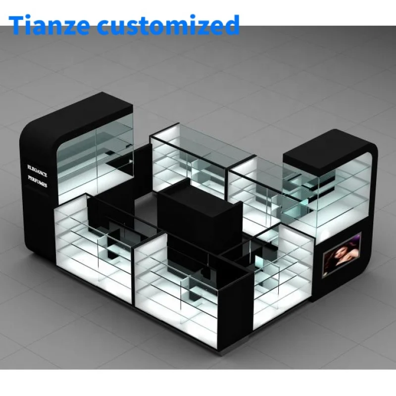 (Customized) 10 * 12ft Modern Perfume Kiosk Jewelry Display Kiosk Glass Display Showcase LED Light Mall Kiosk Design Idea