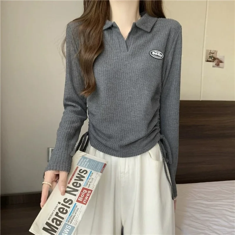 

Женская осенняя футболка с длинными рукавами и воротником-поло New American Hottie Top Design Sense