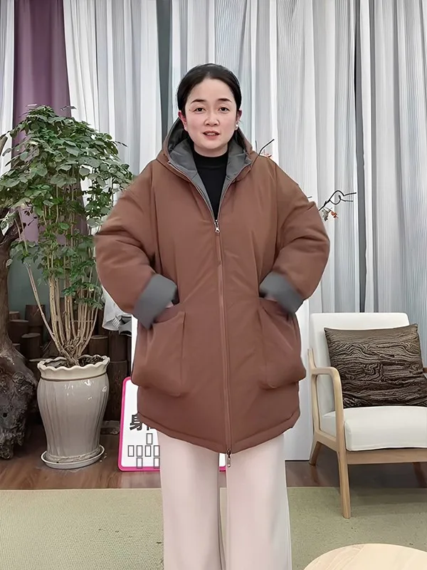 

Модная двусторонняя хлопковая куртка с капюшоном для женщин, удлиненная, утепленная, на молнии, цветная