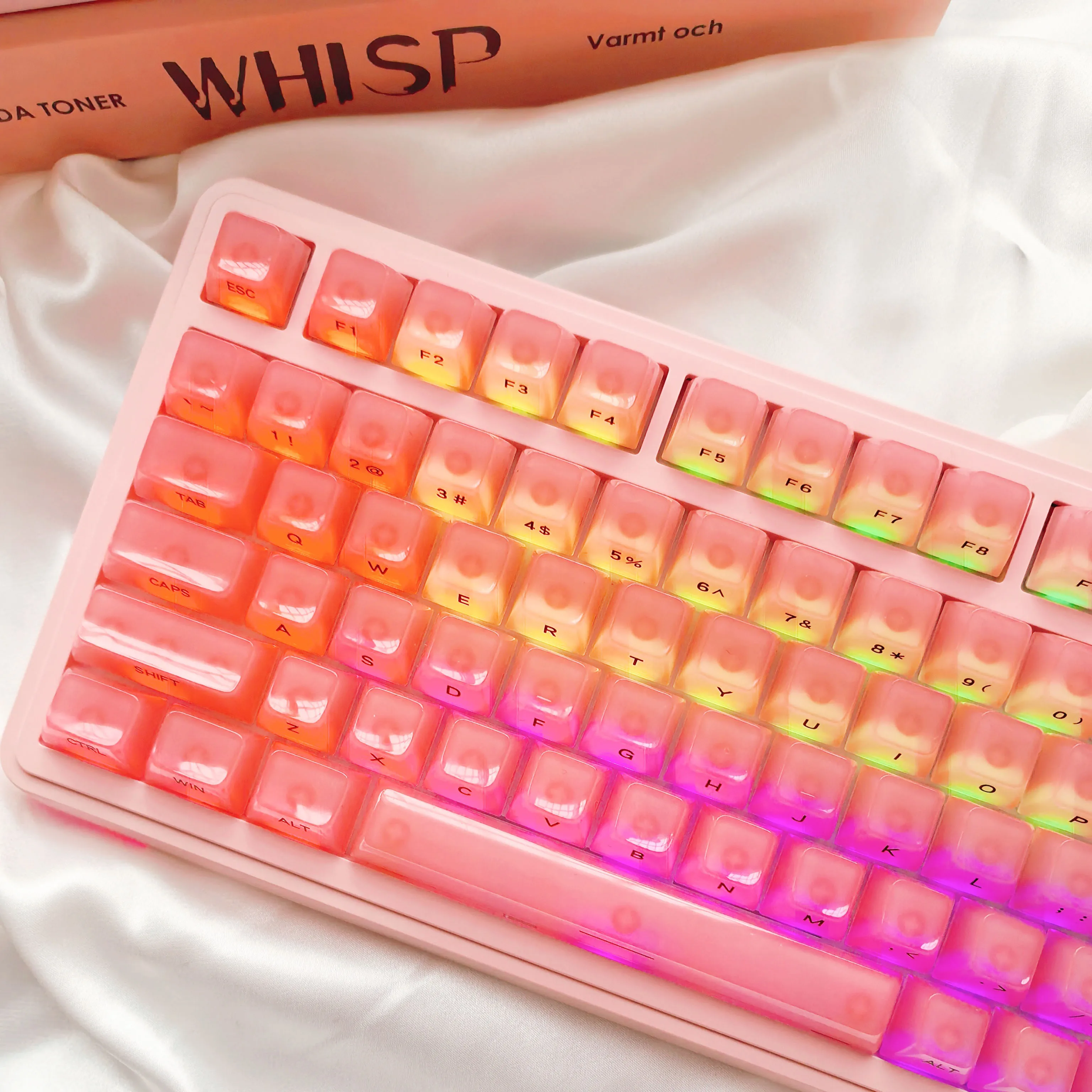 

115 Keys Pink Creamy Side Print RGB Backlit PC Keycap OEM Profile Foggy Transparent Crystal Keycaps for MX Switches Keyboard