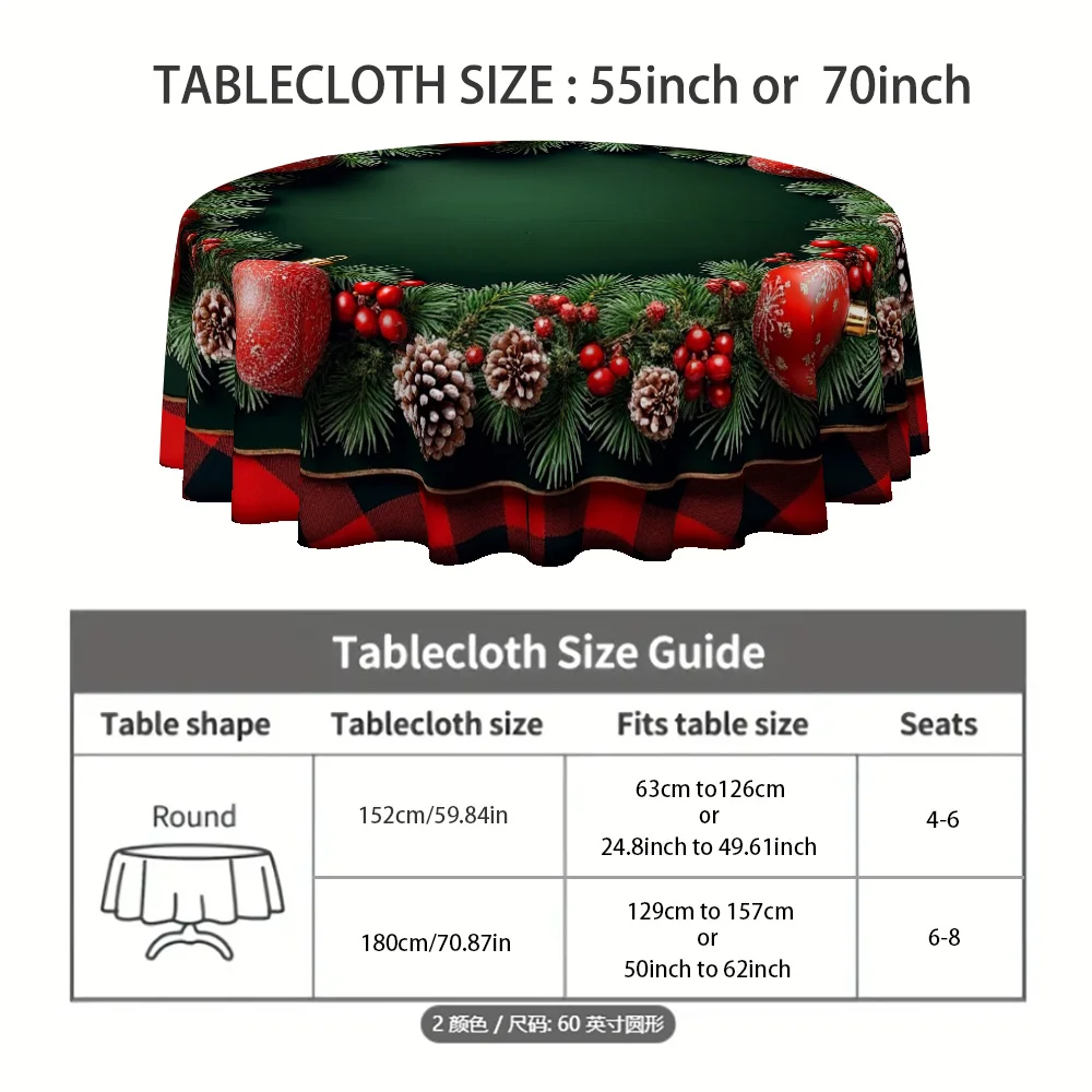 2D flat tablecloth 1-piece, round Christmas tablecloth with checked trim and wreath pattern (green/red/gold)