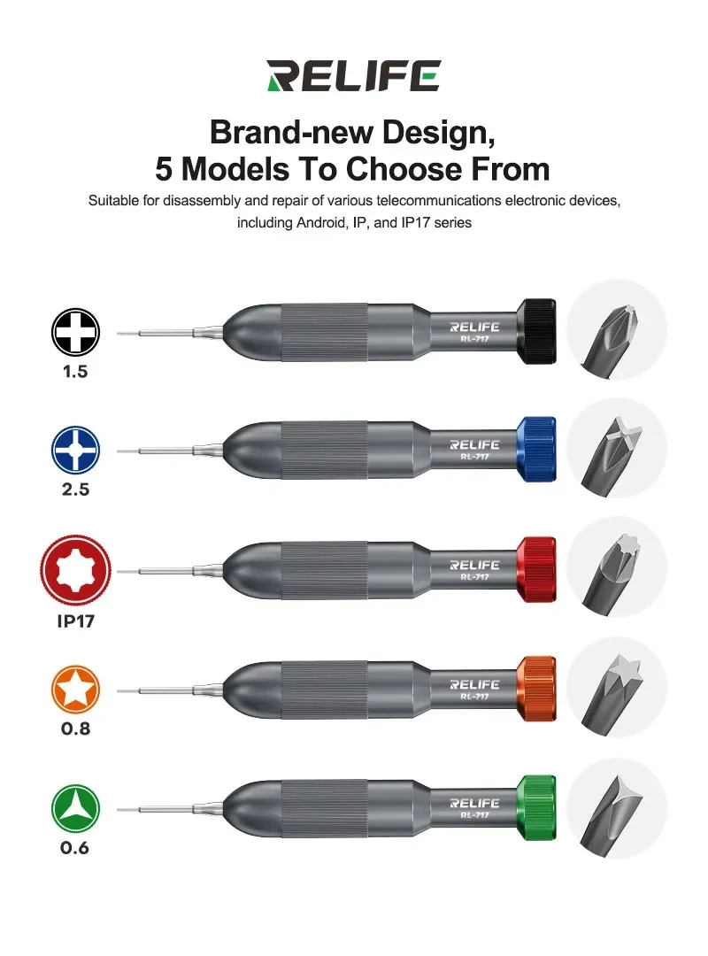 RELIFE RL-717 Rocket Head Screwdrivers for Disassembling Android IP 17 Phone Precise Repair Bolt Driver Nonslip Screwdriver Set