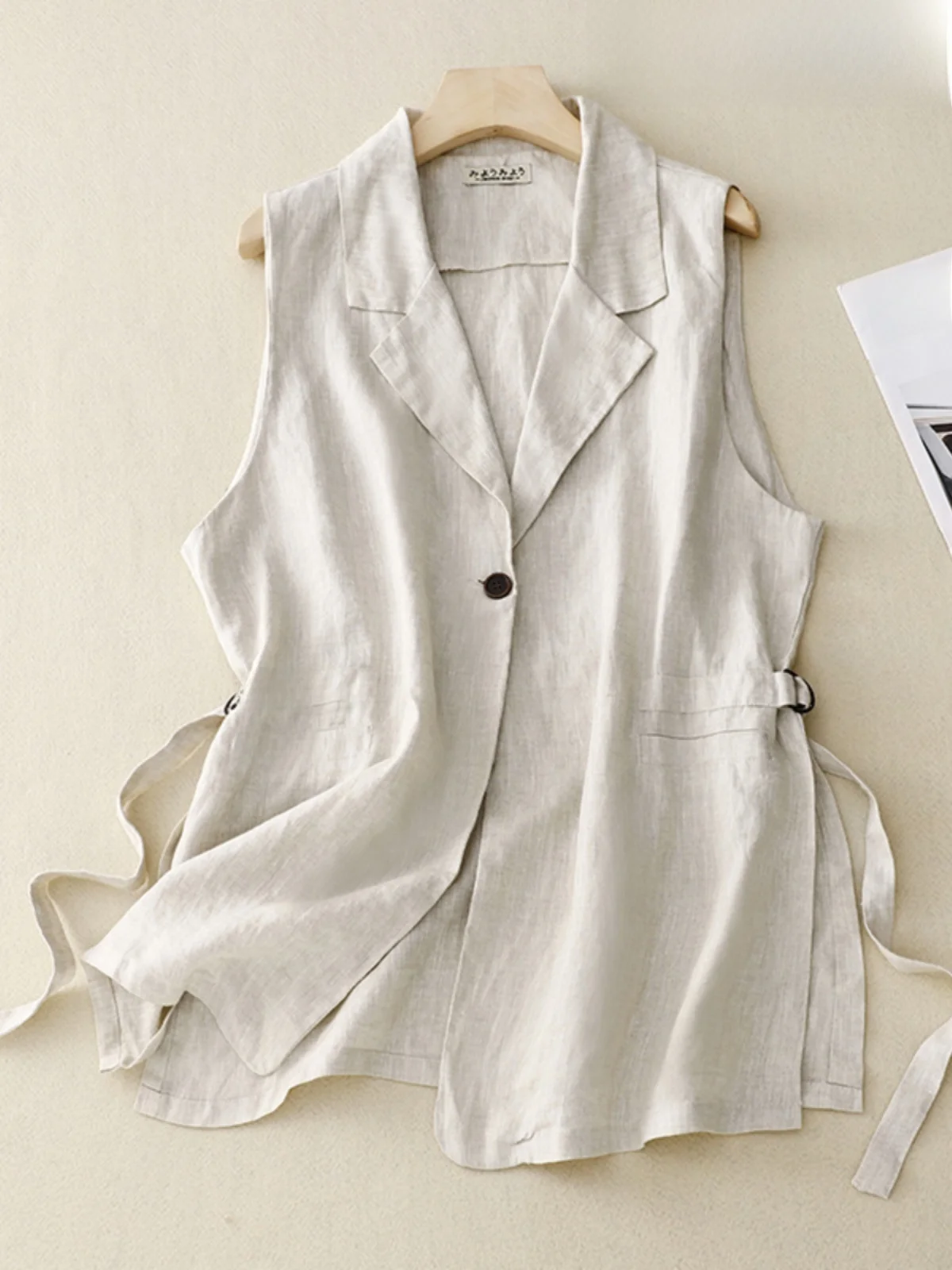 

Женский хлопково-льняной жилет с утяжкой на талии, летний, свободный, стройнящий, повседневный, универсальный, с подплечниками, без этикетки, с декоративными вставками, чистый хлопок