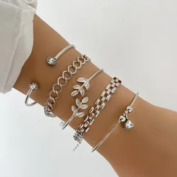 Bohemian Silver Color Geometric Link Chain Bracelet Set For Women Crystal Leaf Open Cuff Bangle Female Boho Jewelry Accessory