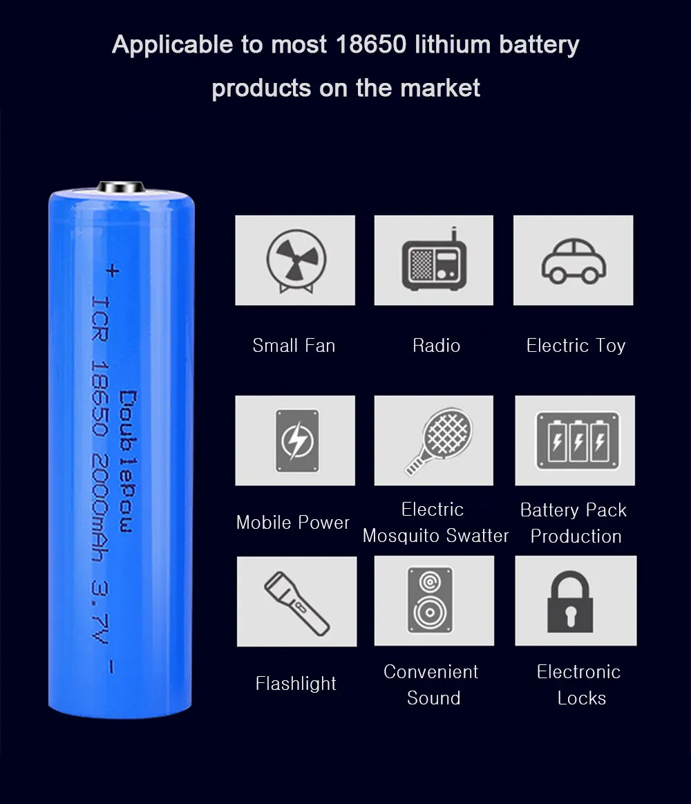 DOUBLEPOW 18650 Battery 3.7V 2000 mAh Lithium Rechargeable Battery For Flashlight Batteries 2000mAh Battery Cell 2PCS