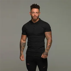 Solid Color Cotton Breathable Short Sleeve Polo Shirts Gym Bodybuilding Fitness Slim Fit Polos Mens Running Sport Lapel T-shirt