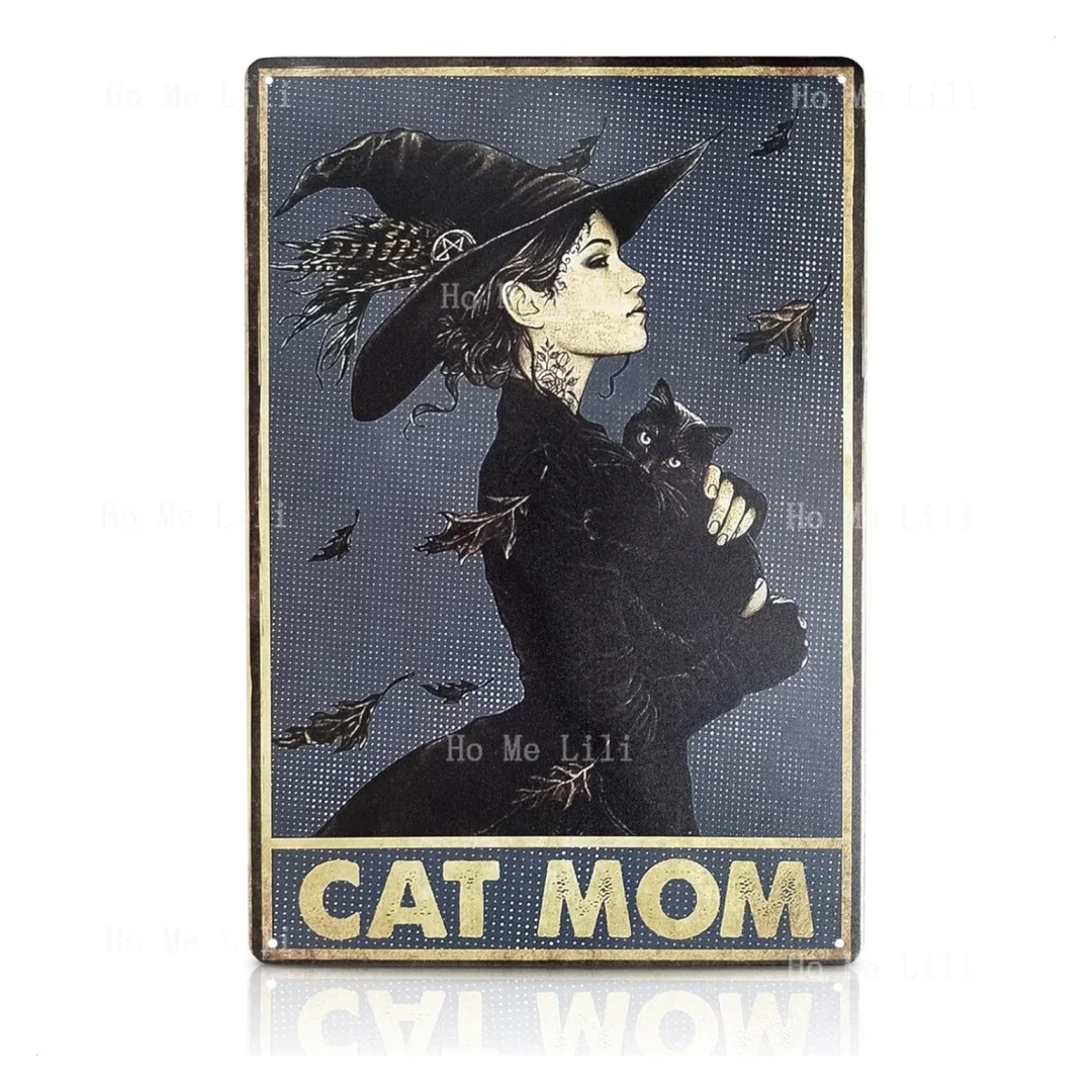 Cat Mom Wall Art Metal Signs Vintage Witch Cat Halloween Decorations Indoor Metal Sign Room Hocus Pocus Poster For Living Room