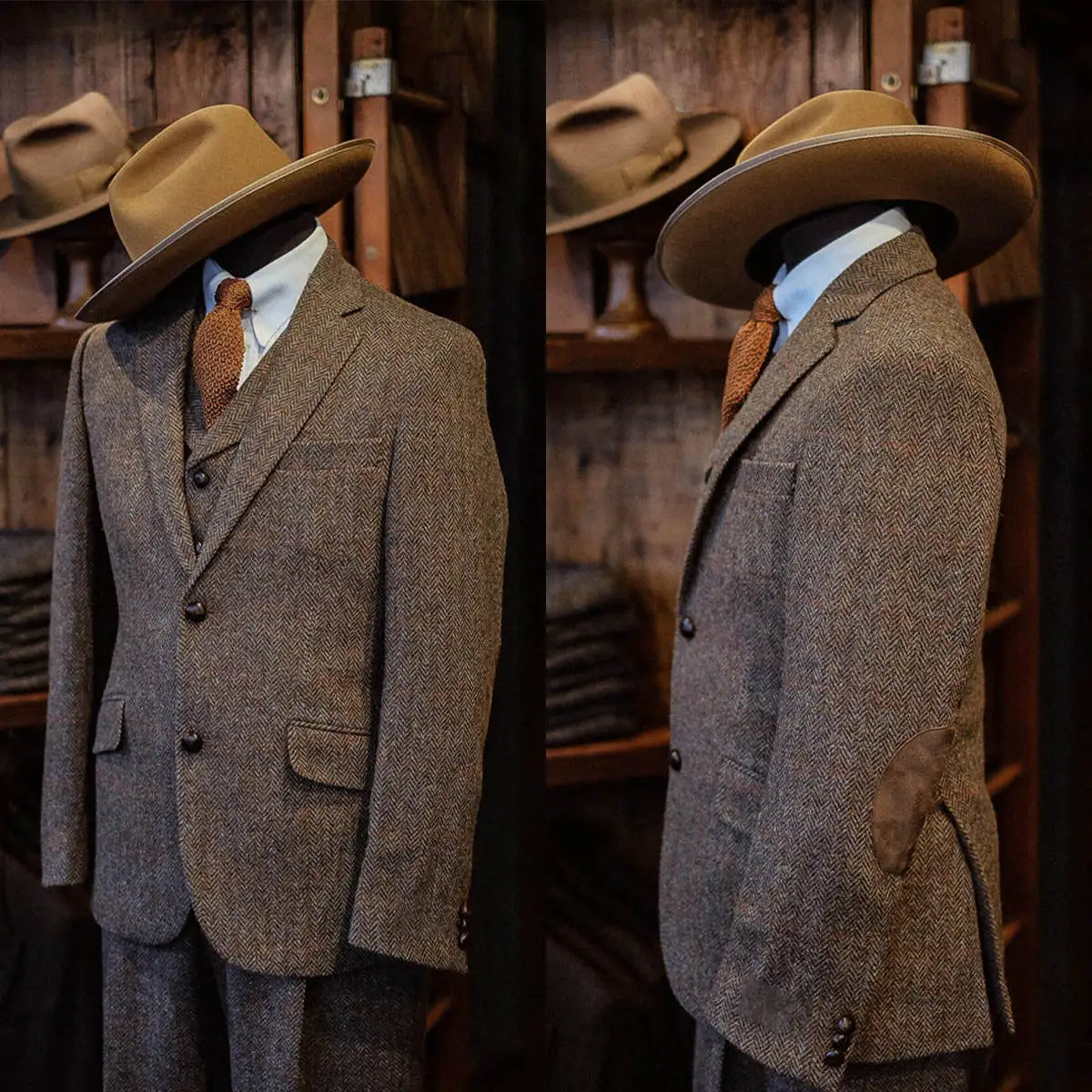 بدلة تويد كلاسيكية منقوشة باللون البني للرجال بقصة ضيقة لزفاف العريس ملابس رسمية 3 قطع بدلات شتوية سميكة مصنوعة حسب الطلب