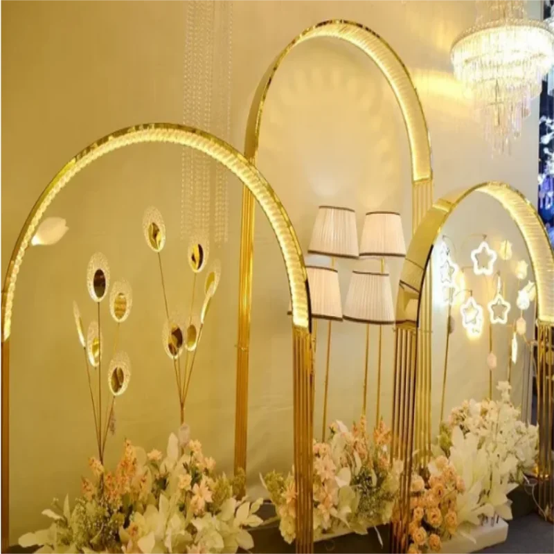 3-piece set of stainless steel shiny gold LED crystal wedding arch, banquet performance, party background props decoration rack