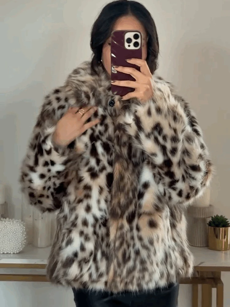 TRAFZA Winter Woman Lapel Long Sleeves Side Pockets Casual Coat Fashion Women Leopard Print Faux Fur Loose Slim Warm Coat Mujer