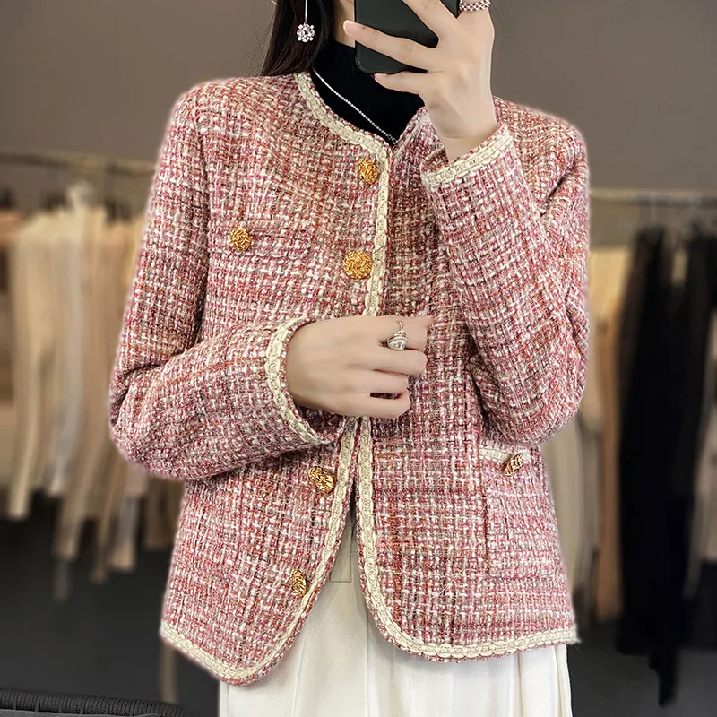 

High Quality Long-sleeved Tweed Coat Women's Spring Autumn Round Neck French Small Fragrance Elegant Pink Black Office Jacket