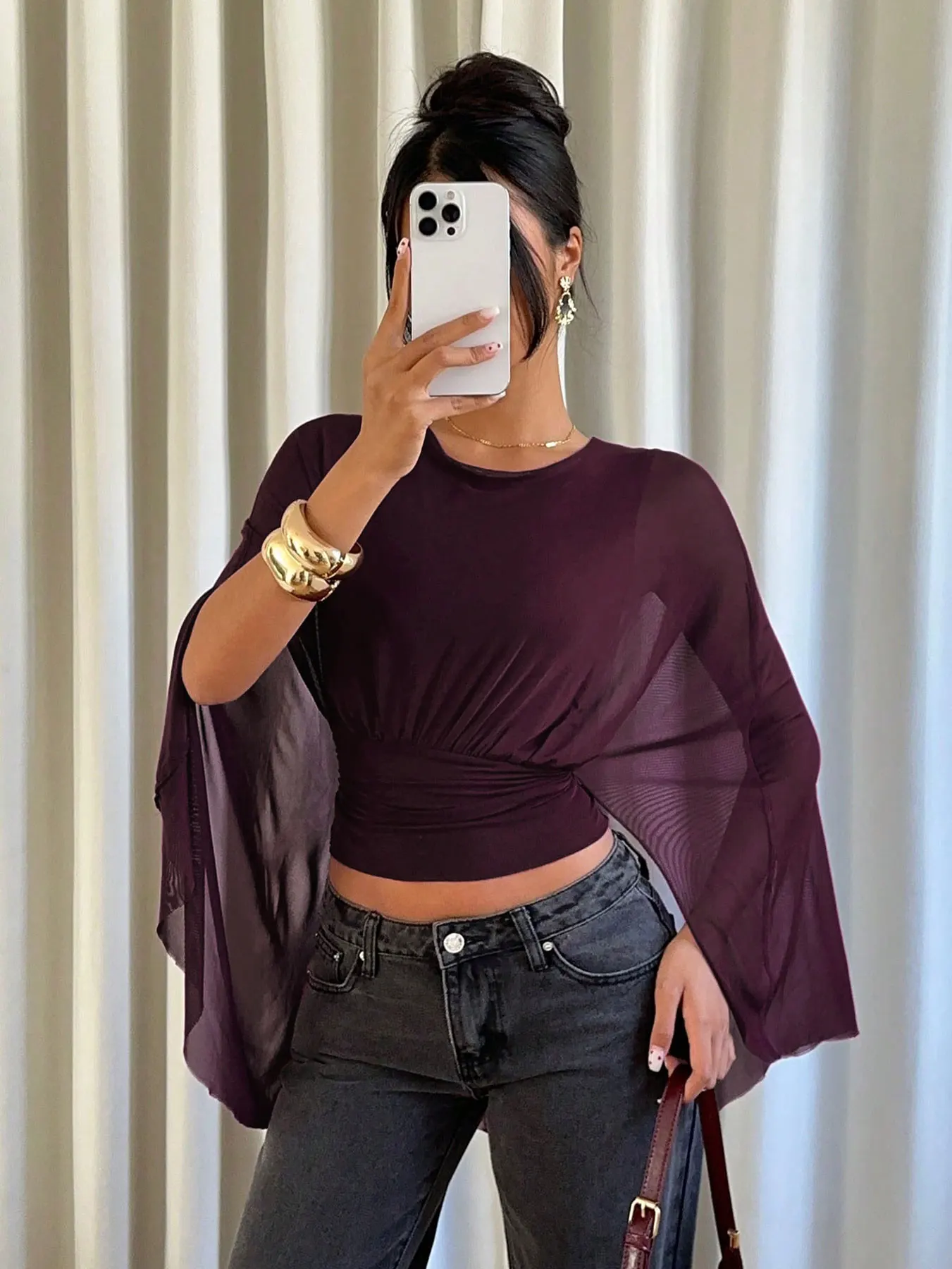 Modische, schmale, einzigartige Langarm-Bluse für Damen, elegantes Oberteil mit Rundhalsausschnitt, Damen-Oberteile, Camisas De Mujer, Blusen, Hemden – Detail 5