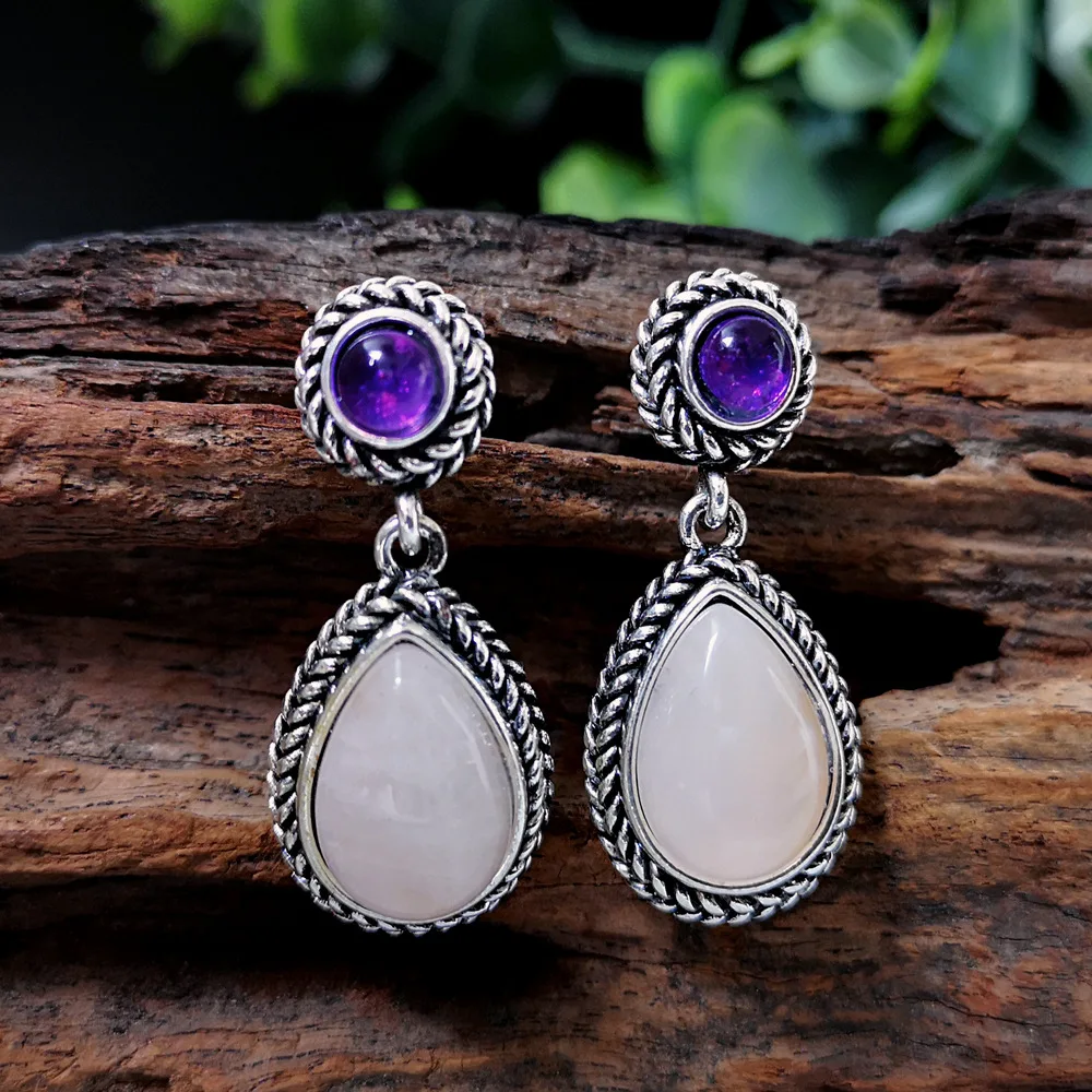 Natural Pink Quartz Synthetic Amethysts Round Beads Earrings Woman Antique Silver Plated Purple Stone Earrings  Classic Jewelry