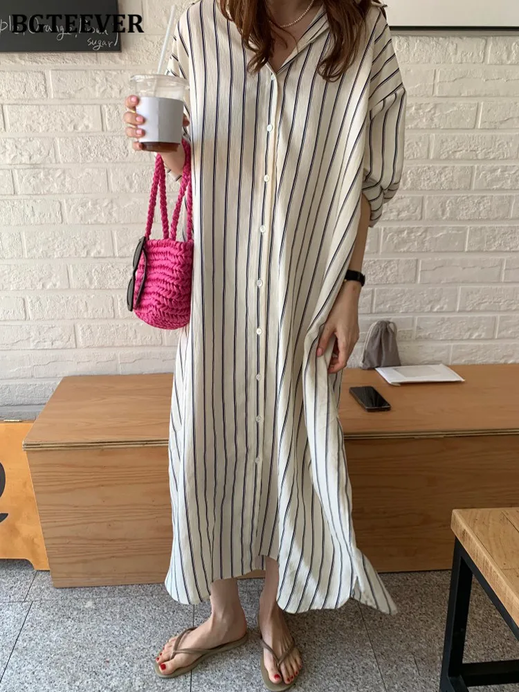 BGTEEVER Casual Turn-down Collar Loose Striped Shirt Dress Women Spring Autumn Single-breasted Oversize Ladies Dress vestidos