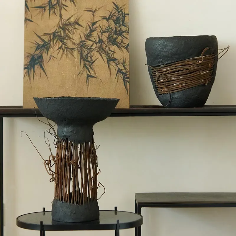 Modern Black Geometric Fruit Bowl Hollow Dried Flower Vase Funnel Shaped Home Decor Art Piece for Living Room Table