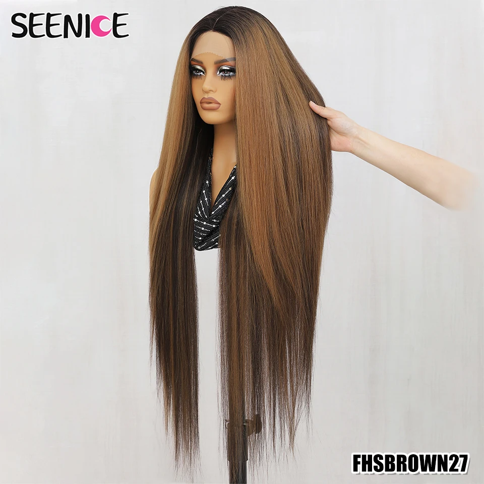 Synthetic Lace Front Wigs For Women 40 Inch Straight Wig T-Part 13x4x1 Long Lace Wigs Heat-resistant Fiber Ombre Brown Copper