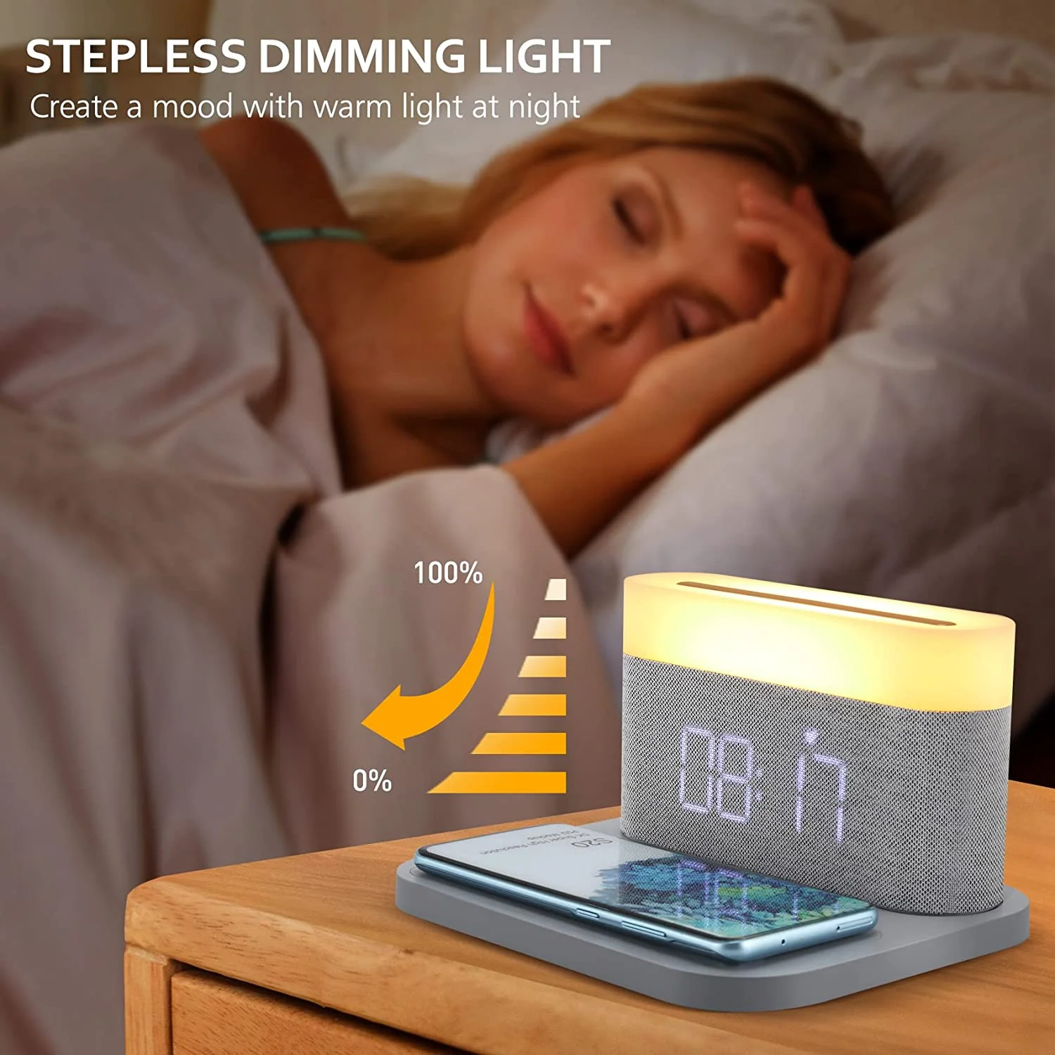 Fast Wireless Charging  Digital Alarm Clock Night Light Bedside USB Charger Touch Reading Light Adjustable Brightness for Snooze