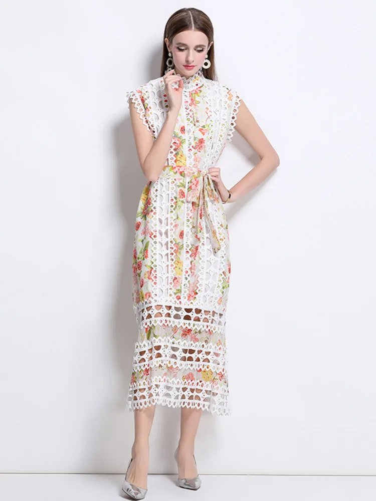 Vestido largo de verano con empalme de encaje calado, vestido largo sin mangas con cuello alto y estampado Floral con cordones y cinturón, Vestidos de fiesta sueltos, vestido largo